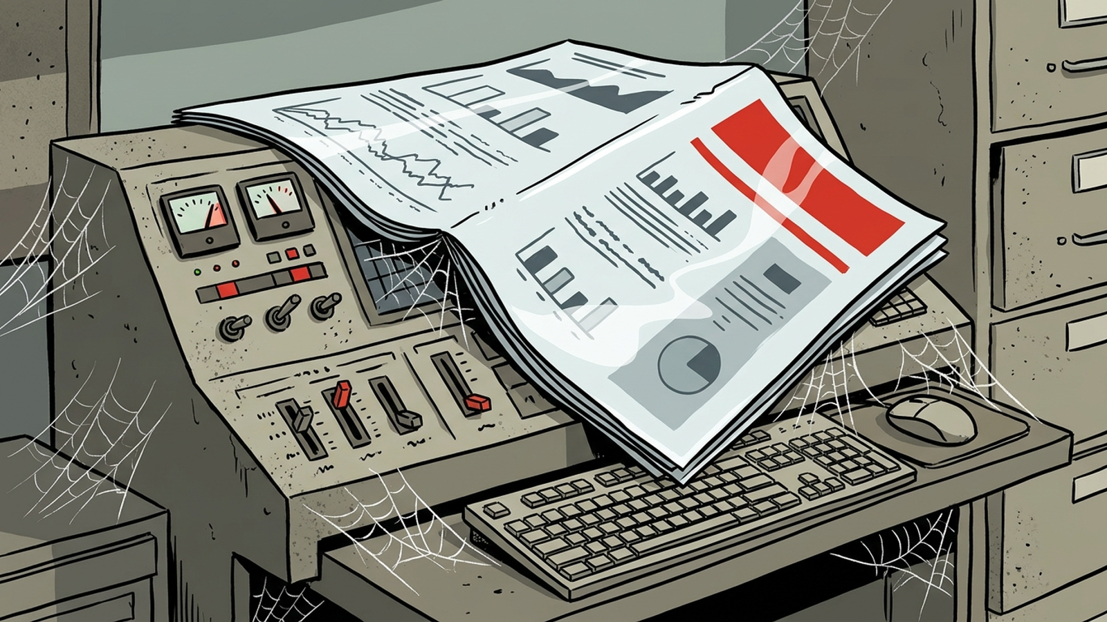 Cartoon of a glossy monthly report covering an empty ad account control room